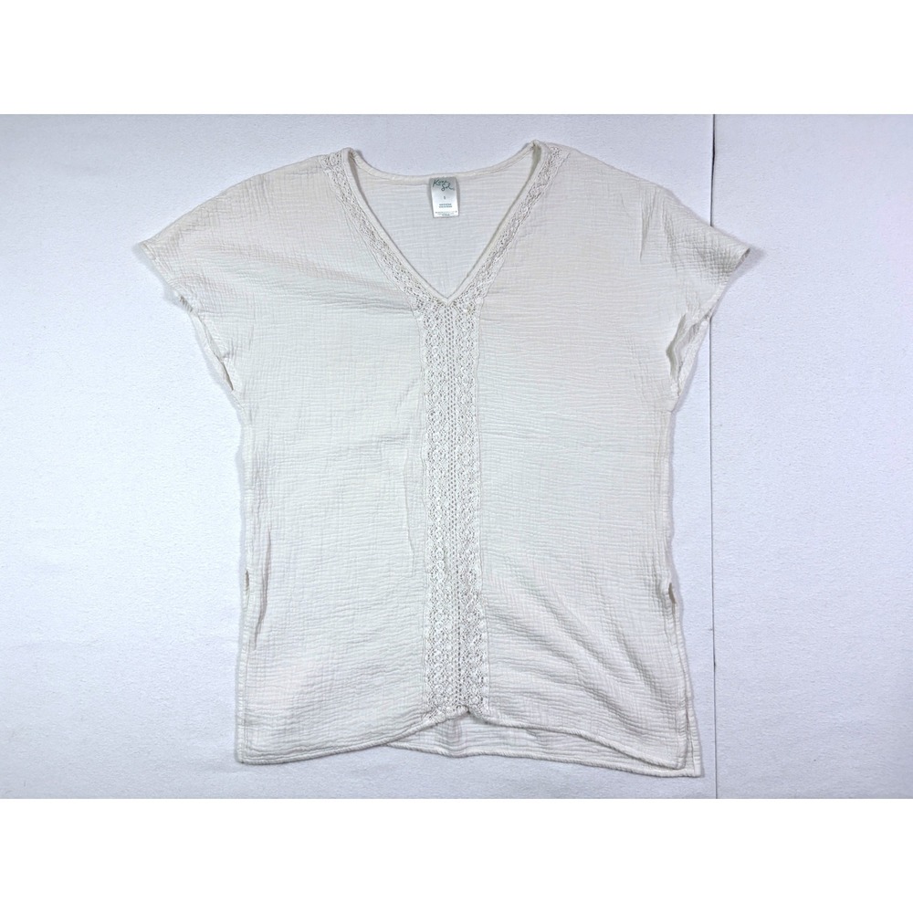 Kona Sol Womens Cream Cotton Crinkle Gauze Crochet Trim Swim Cover Up Top Small
